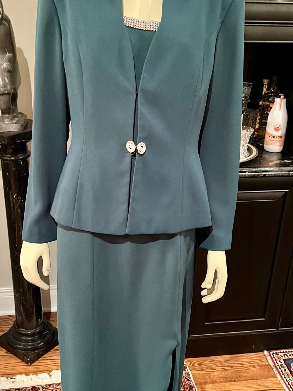 Tailored Long-Sleeve Teal Dress with Decorative Closure